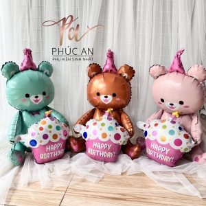 Bong bóng kiếng hình gấu 80cm ôm bánh kem dễ thương trang trí sinh nhật HPBD