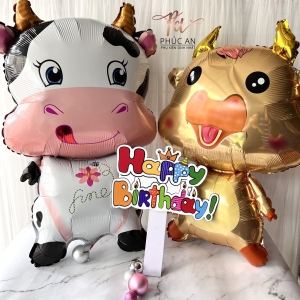Bong bóng kiếng hình con trâu vàng và con bò sữa trắng 83cm dễ thương trang trí sinh nhật HPBD