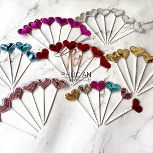 Bộ 6 topper que nhựa tim da đủ màu cắm bánh kem hpbd